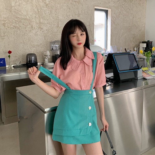 ✞ ボタンが可愛い♥クロスストラップノースリーブスカート or 半袖ピンクシャツブラウス ストレッチ♥ エラスティック 伸縮 ✞ゴスロリ SM ミリ 甘ロリ クラロリ 和ロリ エレガント 黒ロリ 姫ロリ 華ロリ BB-BB3285236