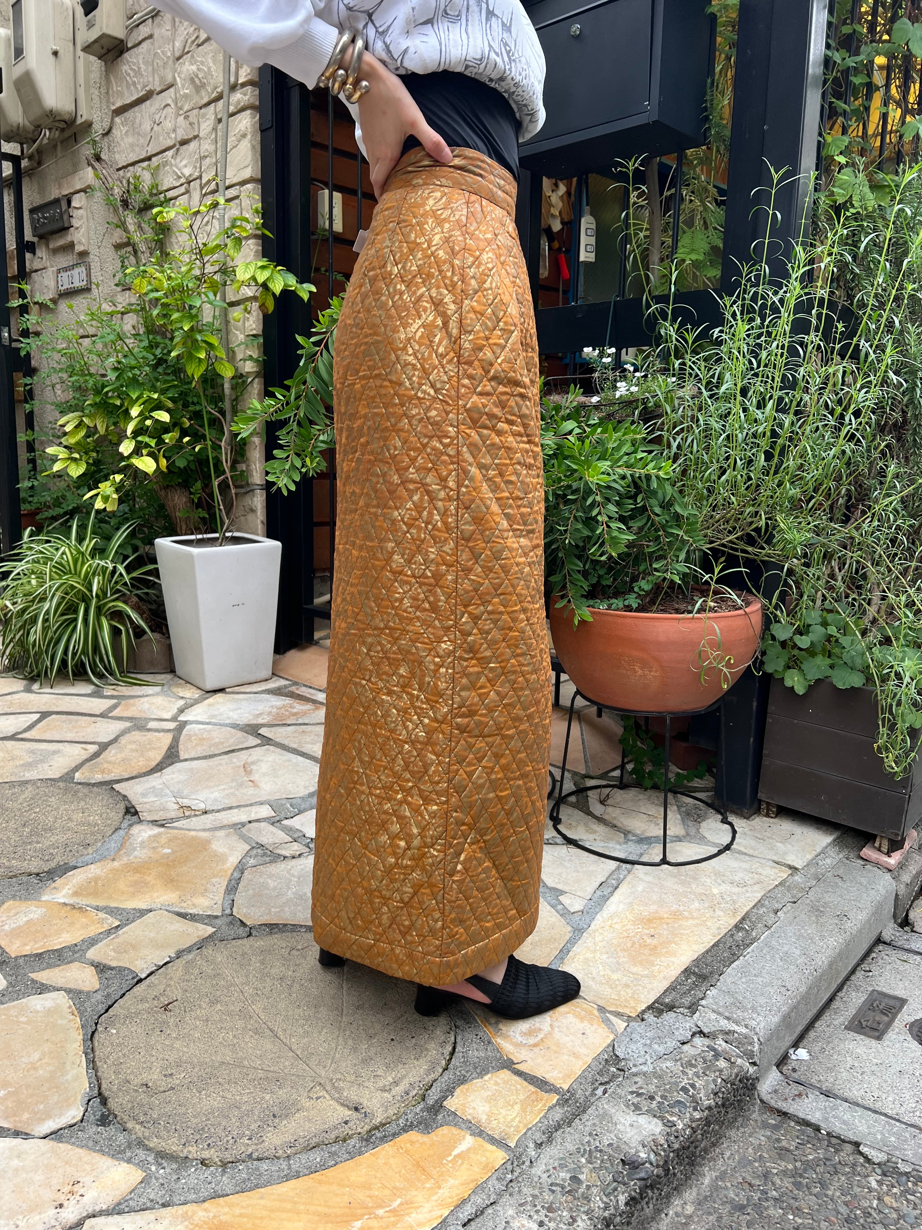 Vintage gold handpaint × quilting skirt ( ヴィンテージ ハンド