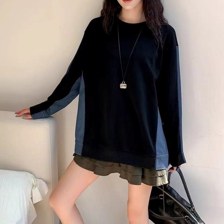 BLUE DENIM STITCHED ROUND NECK SWEAT SHIRT 2colors M-14792