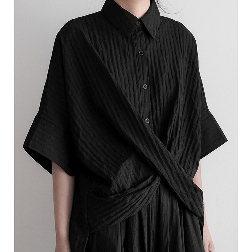 中華ゴシック シャツ とろみ感 山本耀司風 ストライプ柄 中華系ファッション 地雷系ファッション 夏服