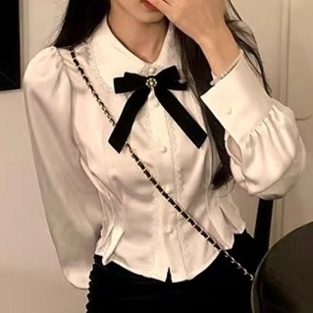 bowtie ribbon lace blouse　A0216