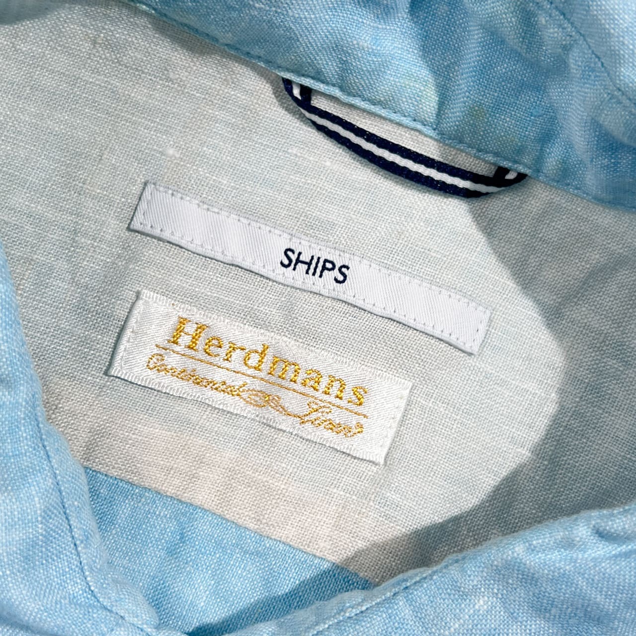 リネン100%  SHIPS シップス Herdmans社 長袖シャツ M/スカイブルー系 メンズ