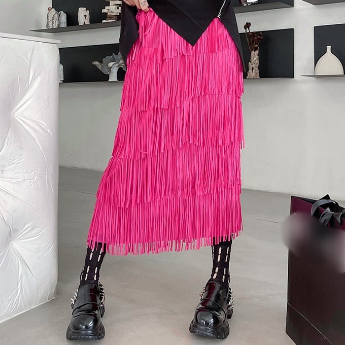 ELASTIC WAIST FRINGE TRIMMED MIDI SKIRT 2colors M-7214