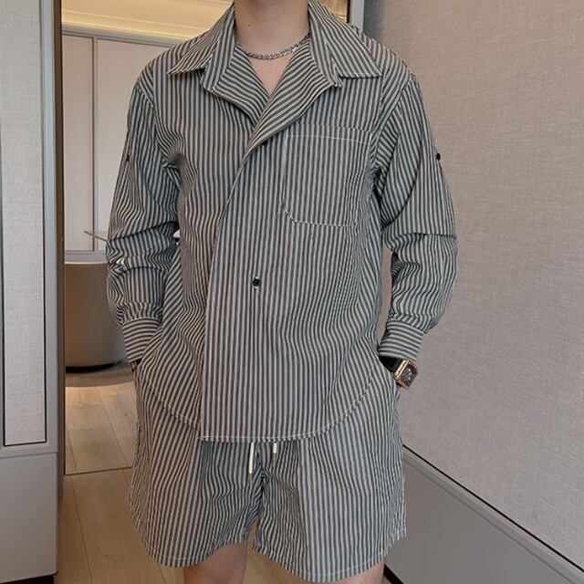 【予約販売】メンズ セットアップ 上下 ハーフパンツ 長袖シャツ ストライプ柄 グレー カジュアル モード シンプル 韓国 お洒落 トレンド 春夏 M/L/XL/2XL