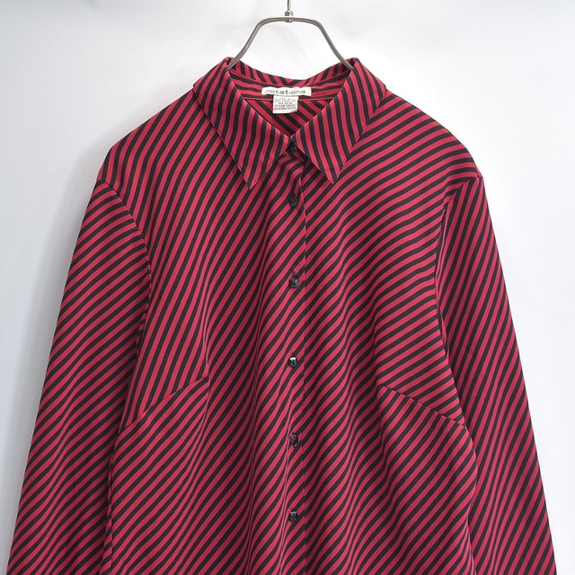 90s notations ノテーションズ 長袖シャツ アシンメトリー切り替え バイアスストライプ 総柄 ポリシャツ とろみ レトロ レッド ブラック USED ヴィンテージ ビンテージ 古着 レディース L