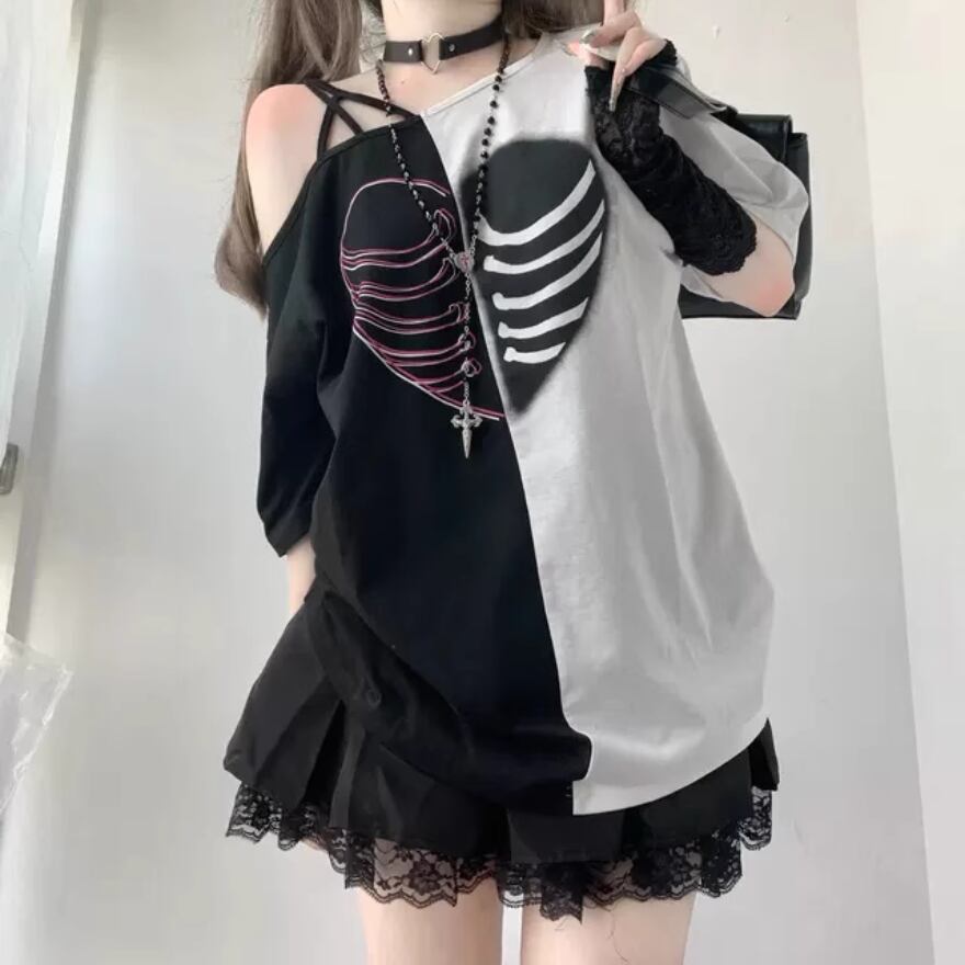 サブカル系 地雷Tシャツ love スケルトン プリント 暗黒系 病み