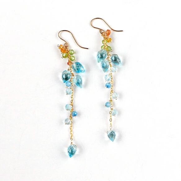 14kgf/ブルートパーズフラワーバッド ロングチェーンピアス