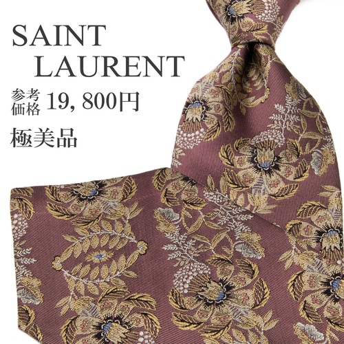 送料無料 サンローラン ネクタイ レギュラータイ ジャガードタイ シルク ピンク ゴールド シルバー 総柄 光沢 Y2K 花 草 ハイブランド P736