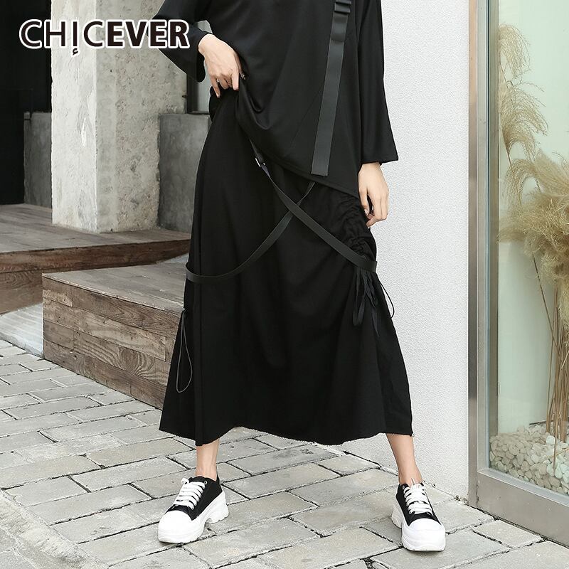 CHICEVERブラックスカートレディースウエストパッチワーク巾着レースアップストリートウェアストレートスカート2020 6base570469683835