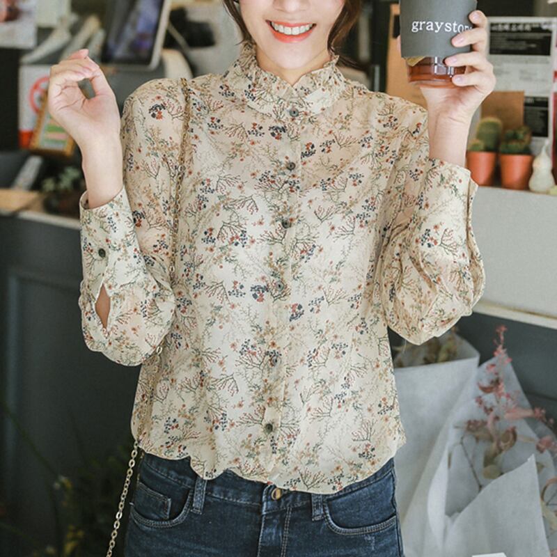 スタンドカラー 襟フリル 長袖 花柄ブラウス