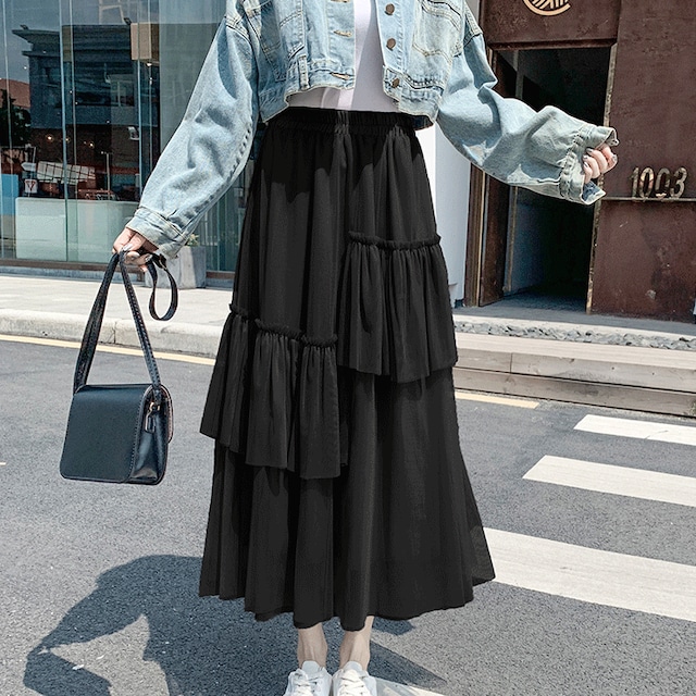 送料無料 アシメフリルチュールスカート スカート ロング チュールスカート フリルスカート ミモレ丈 春夏 チュール フリル ガーリー シースルー スカート Ingenuity
