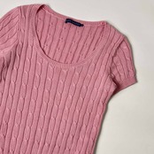 90s 00s RALPH LAUREN ラルフローレン ケーブル編み 半袖 コットン ニット セーター L/ピンク レディース インパクト21 オールド