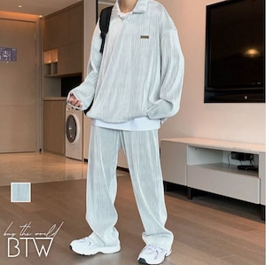 【韓国メンズファッション】メンズ セットアップ パンツツーピース ポロ衿プルオバーシャツ ワイドレグパンツ ゆったり カジュアル BW1879
