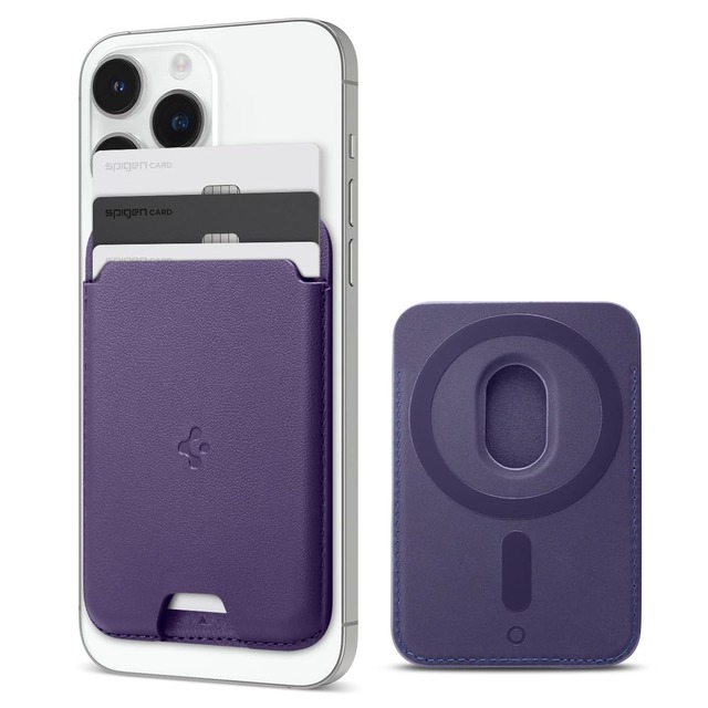 [Spigen] MagSafe対応 カードケース 3枚入り iPhone 17e/17/16/15/14/13/12シリーズ Pixel 10a マグネット内蔵 高級レザー スリム 背面 ウォレット スマホ カードケース 交通系 ICカード バレンティヌス・マグフィット AFA06268 (パープル)