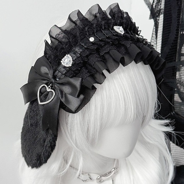 ウサ耳ハートリボンレースヘッドドレスヘアアクセ（3カラーあり）（lli_6164）