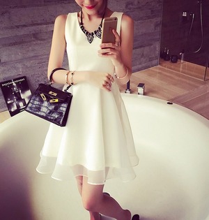 ★送料無料★11号（L)☆シースル−Ｖネックフレア−ワンピース(OPN6725)