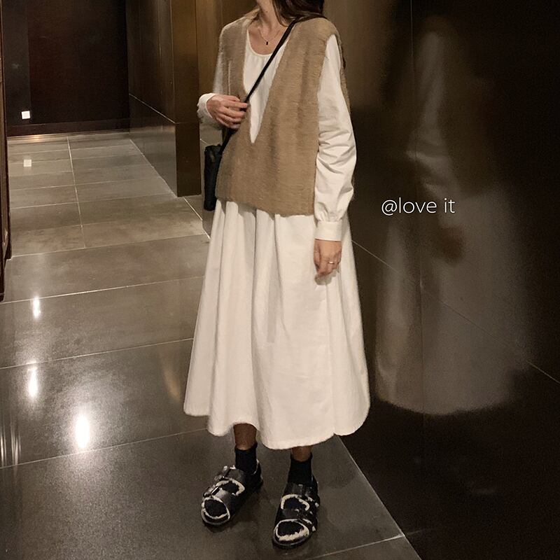 ホワイトドレス女性2020年初秋ニュースタイルハイウエストルーズAライン初恋ドレス+薄手ディープVネックベスト クレセントシティ50193621198