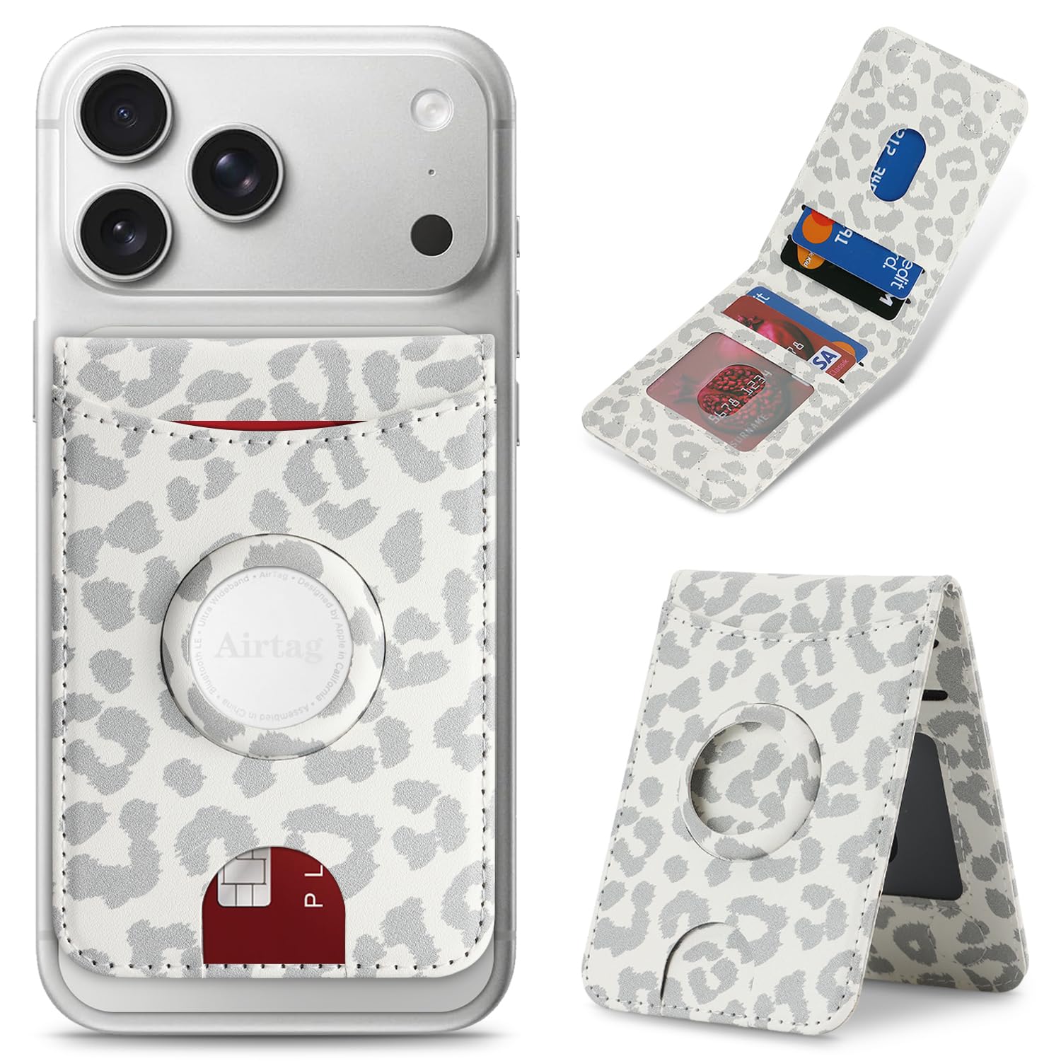 Cavor【AirTag専用スロット搭載】MagSafeケースカード入れスマート紛失防止カード5枚カード収納MagSafe小銭入れ Apple検索ネットワーク対応消磁防止防止脱着簡単背面カードgpsステント機能磁気ウォレットケースforiPhone18Pro/18 ProMax/iPhone17Pro Max/17Pro/Air/17/16/15/14/13/12に対応-ホワイトレオパード
