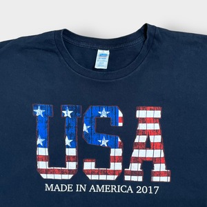 【MADE IN THE USA】USA製 XL ビッグサイズ 星条旗 USAロゴ プリント Tシャツ ネイビー 半袖 夏物 US古着