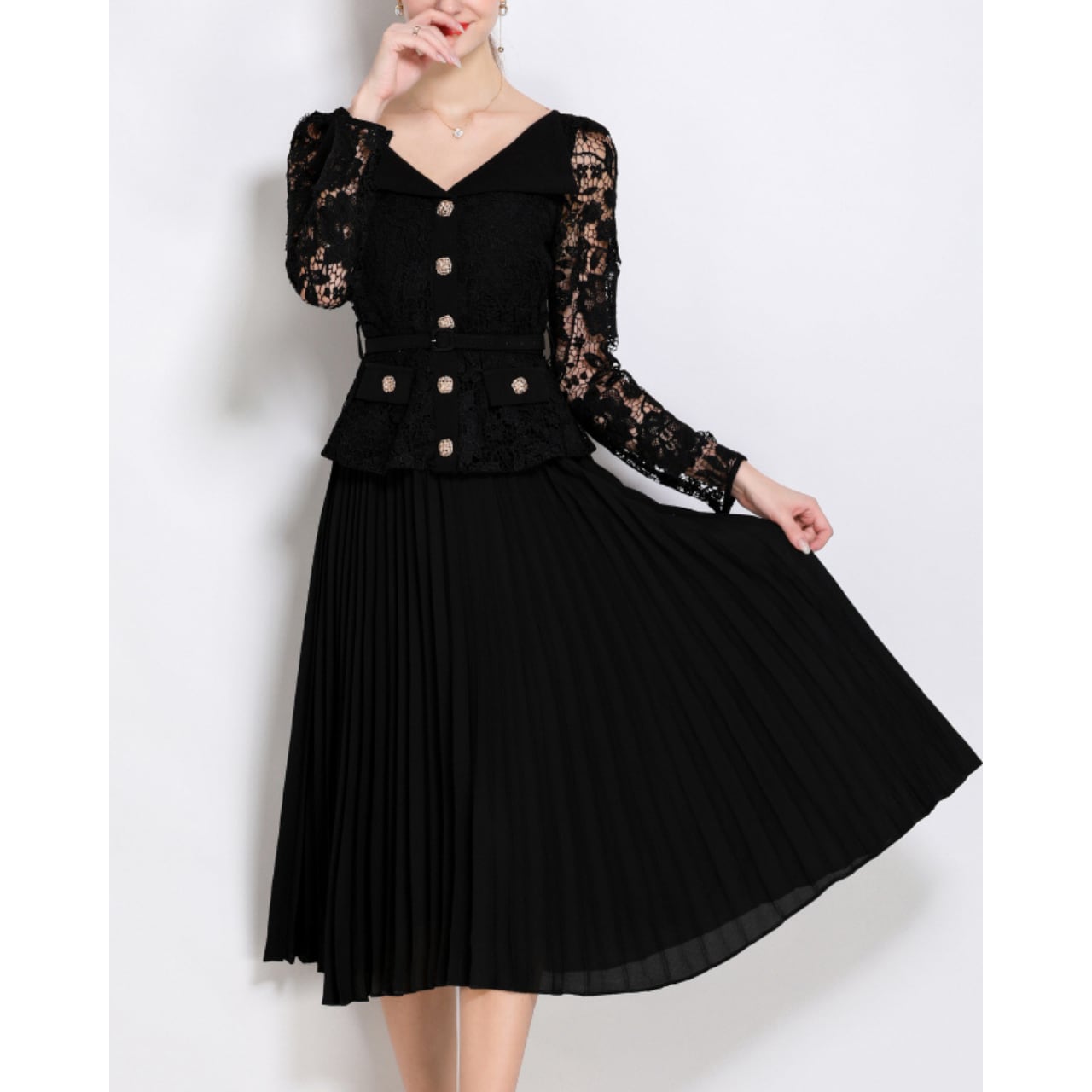 レースプリーツワンピース L1837