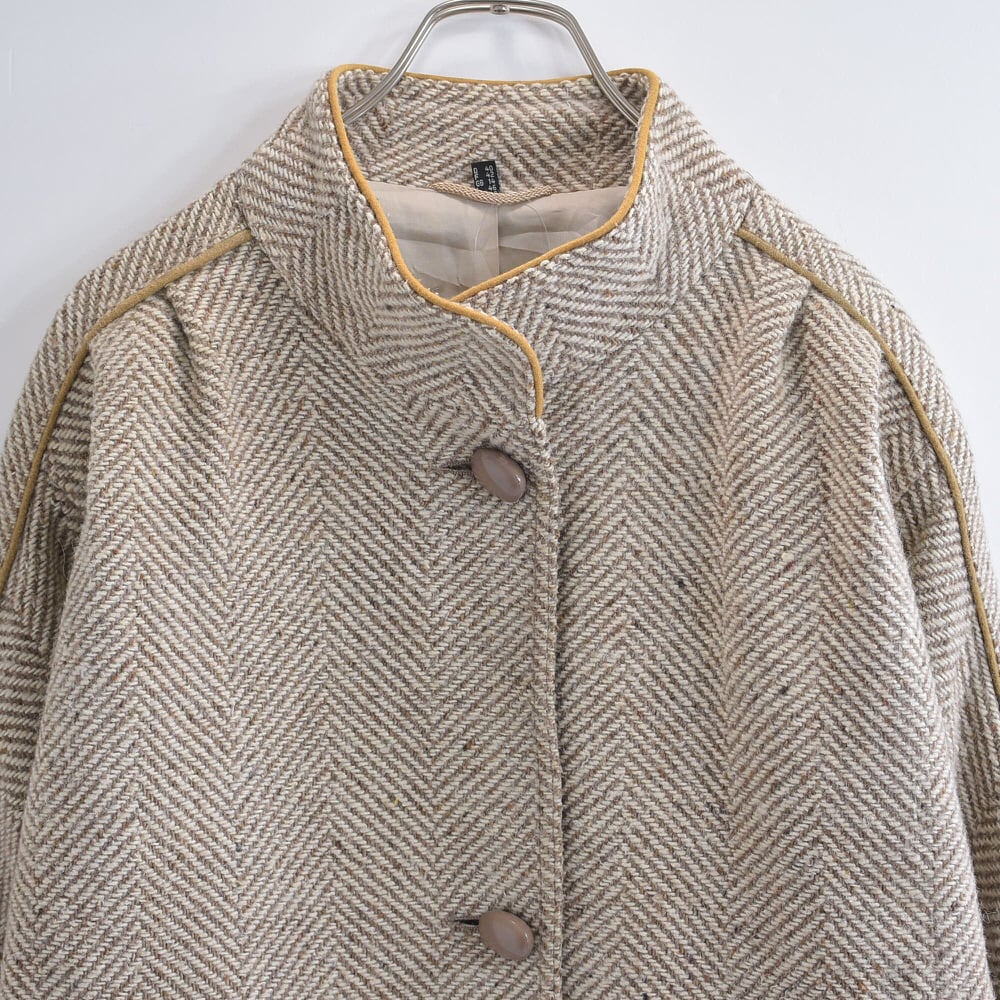 60~70s Eur Vintage 西ドイツ製 ヘリンボーン ツィード ネップウール デザインコート ヴィンテージ ヨーロッパ古着 ビンテージ レディースL~XL相当