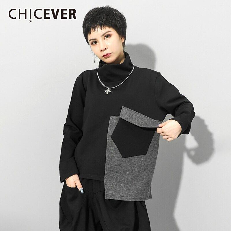 CHICEVER非対称スウェットシャツ女性タートルネック長袖パッチワークポケットヒットカラールーズスウェットシャツ2020秋 ロング オータム 秋物 6base568435165721