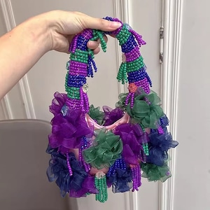 purple beaded pearl flower underarm handbag<b19876>