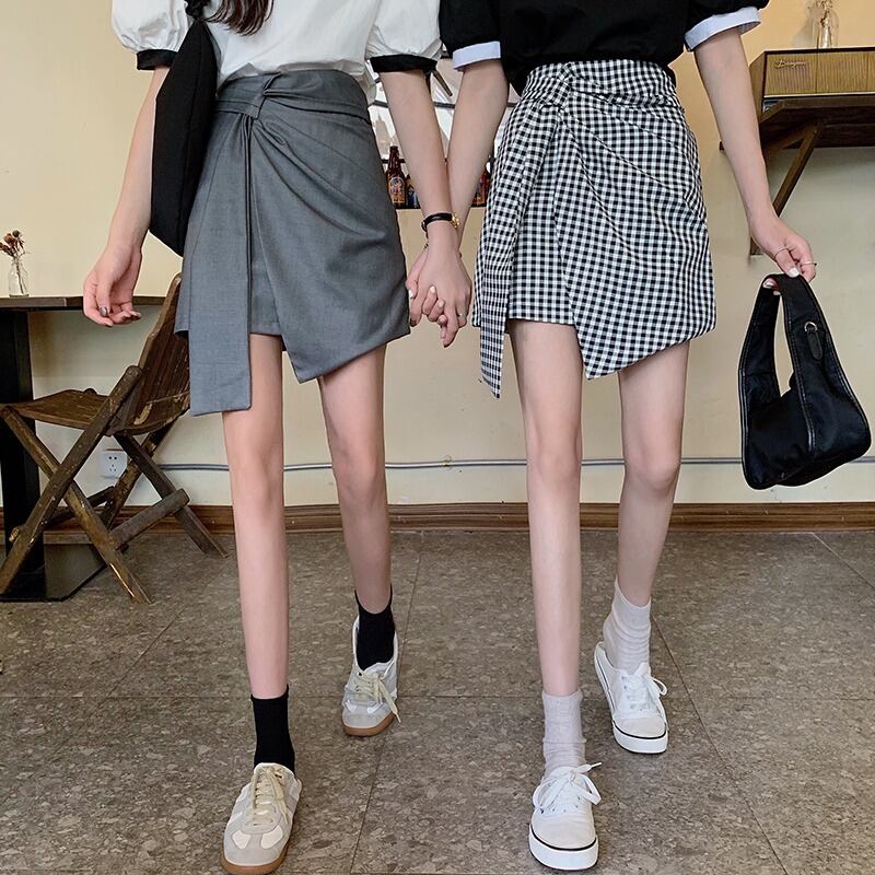 スカート スプリングハイウェストウェスト薄手格子柄Aラインショート 春物 1号婦人64147426730