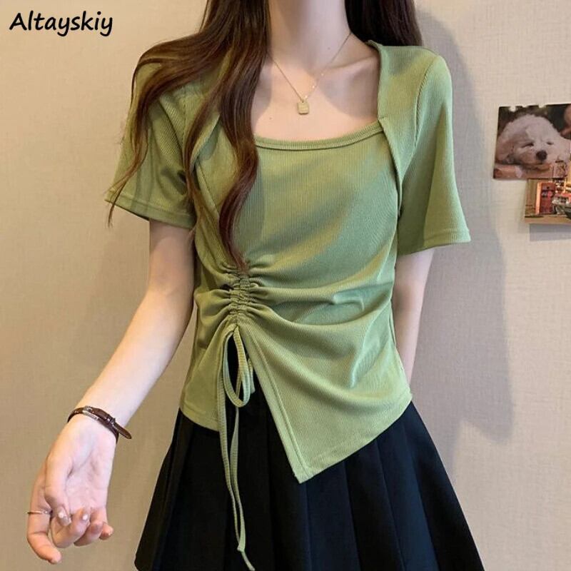 【新作】【送料無料】 M-4XL 半袖 Tシャツ女性スクエアカラー夏の新シャーリングデザインシンプルなオールマッチカジュアルオフィスレディース優雅なトップス 0379994936953