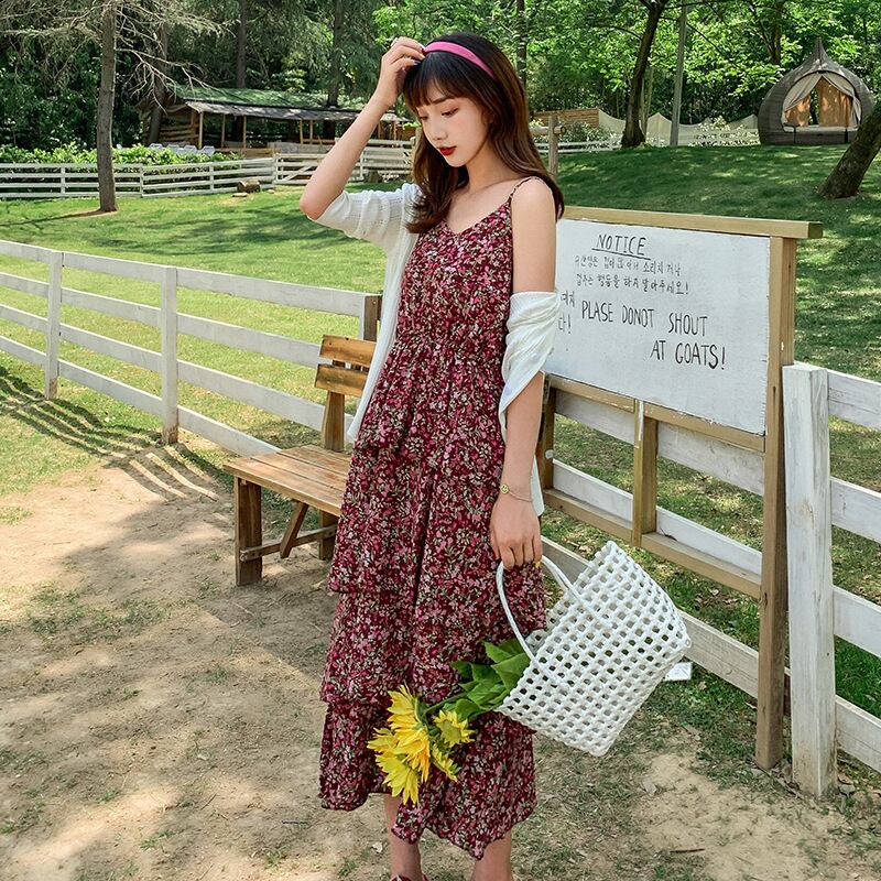 【新作】【送料無料】 マタニティウェア2020夏の新しいシフォンフローラルミドルレングススリングケーキスカート+日焼け止めシャツツーピース母乳育児セット-アリババ サマー 夏物 花柄 expec242652970496