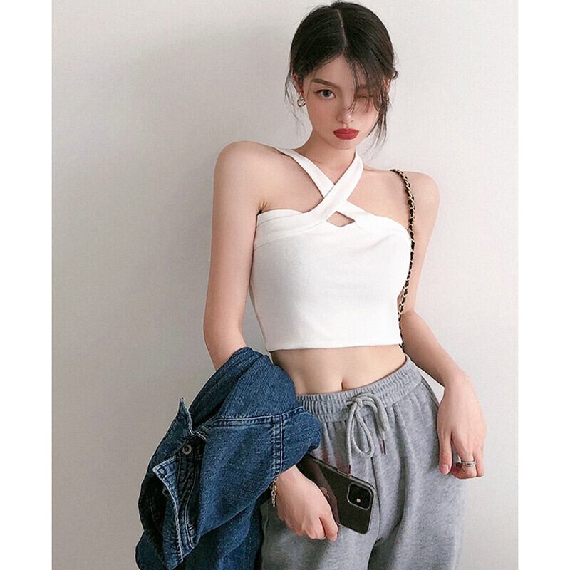 クロスホルターショートホワイトブラウス レディースサマー 夏物 ヨーロピアン ガールズファッション15415289512