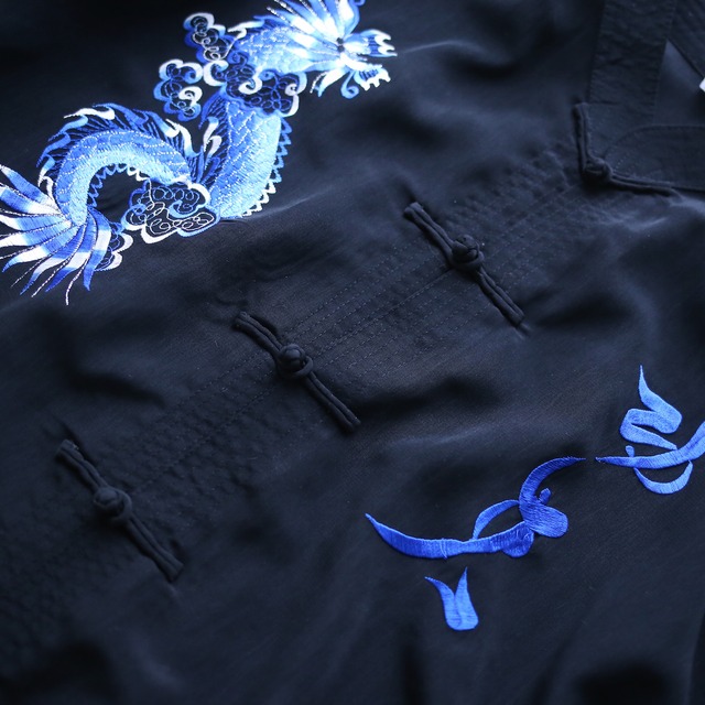 "刺繍" blue dragon front and back embroidery china shirt