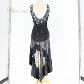 社交ダンス 衣装 ラテン ドレス ワンピース 黒 青 ブルー デモ 競技 透け感 軽い 薄い パーティ 発表会 ブラック系 ブルー系 スリット おしゃれ 動きやすい 軽量 エレガント 女性用 競技用衣装 フォーマル