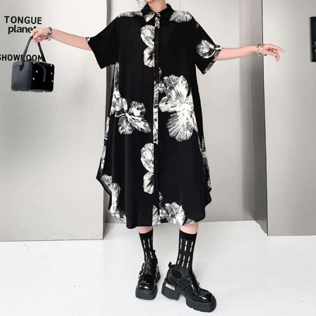 半袖 花柄プリント ロング シャツ 1color BL0604