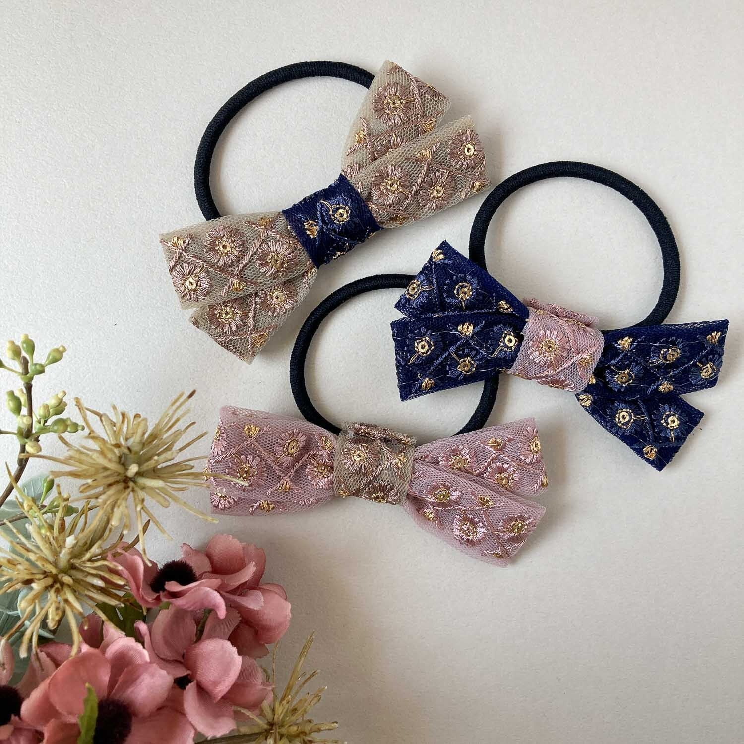 インド刺繍バイカラーリボンヘアゴム
