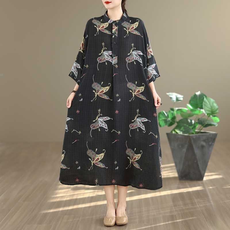 PRINT STAND COLLAR 3/4 SLEEVES MIDI SHIRT DRESS 1color M-16055