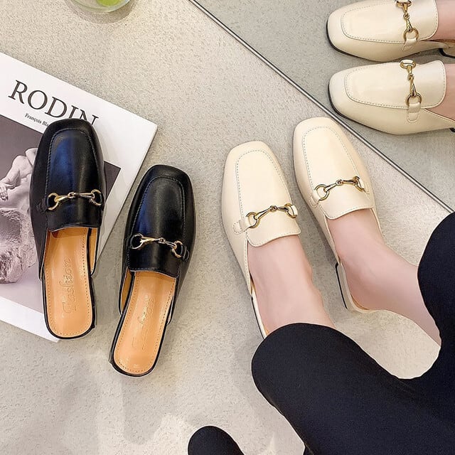 ブローファー 靴 レディース ローヒール スクエアトゥ ローファー サボ ブラック/ベージュ トレンド おしゃれ 22.5cm/23cm/23.5cm/24cm/24.5cm