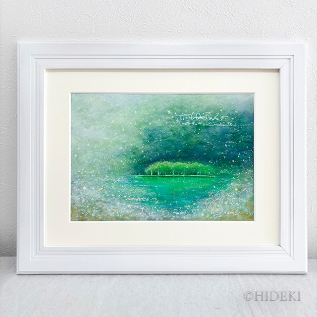 【原画・額付き】龍神池（ヒーリングアート）｜画家HIDEKI A4 アクリル画 風水画 浄化 癒やしの絵