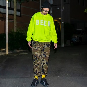 BEER アップリケロゴスウェット（裏起毛） イエローグリーン