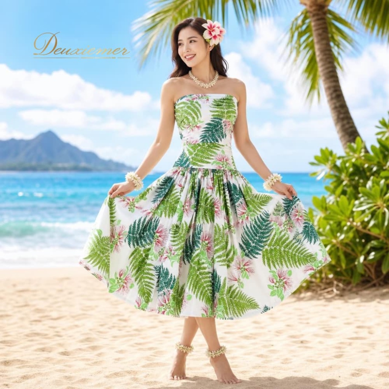 フラダンス 衣装 ALOHA STANDARDS アロハスタンダード ツーピース セットアップ 上下セット ホワイト系 日本製 チューブトップ シングル シンプル かわいい 華やか 鮮やか 明るい ハワイアン アロハ ハワイアンプリント ダンス レッスン 練習