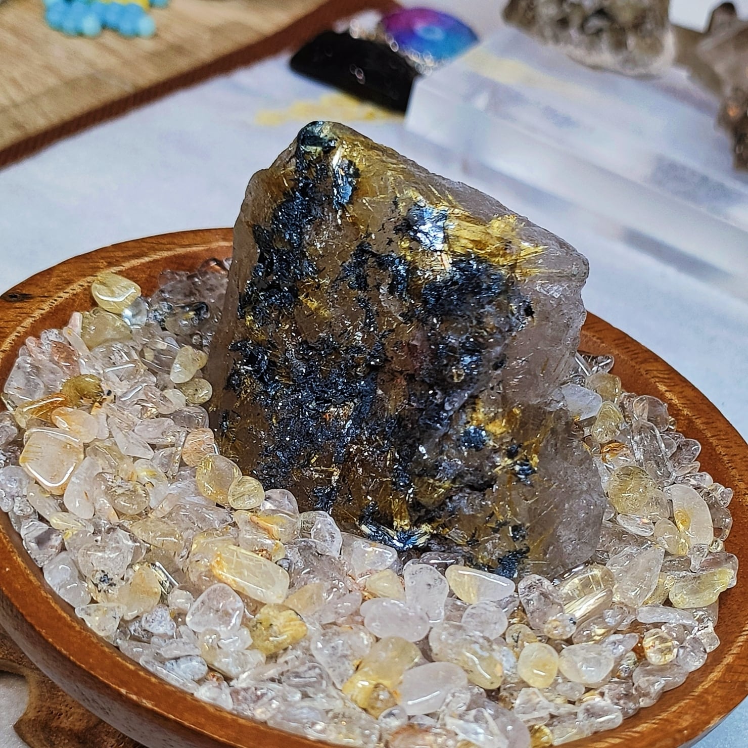 高品質 天然 無処理 ヘマタイト共生ゴールドタイチンルチル 太陽放射 