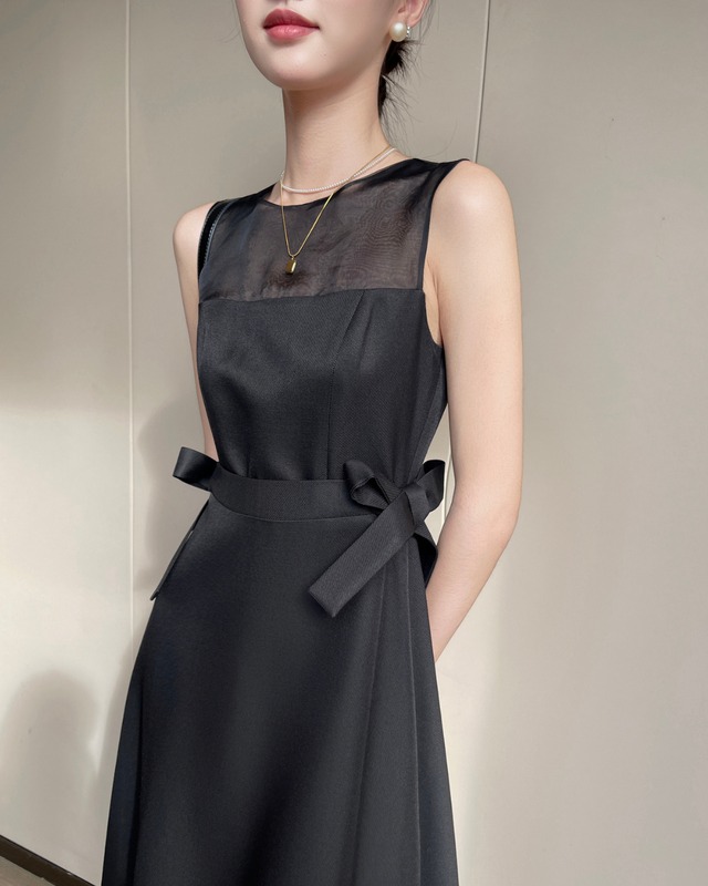 シースルーウエストリボンワンピース　l0794