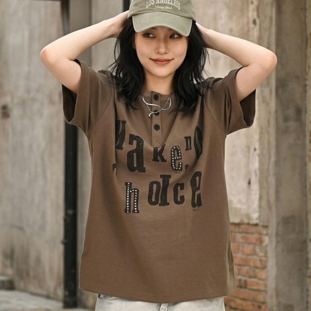 ヘンリーネックタイポグラフィルーズフォルムTシャツ 2col   R02031