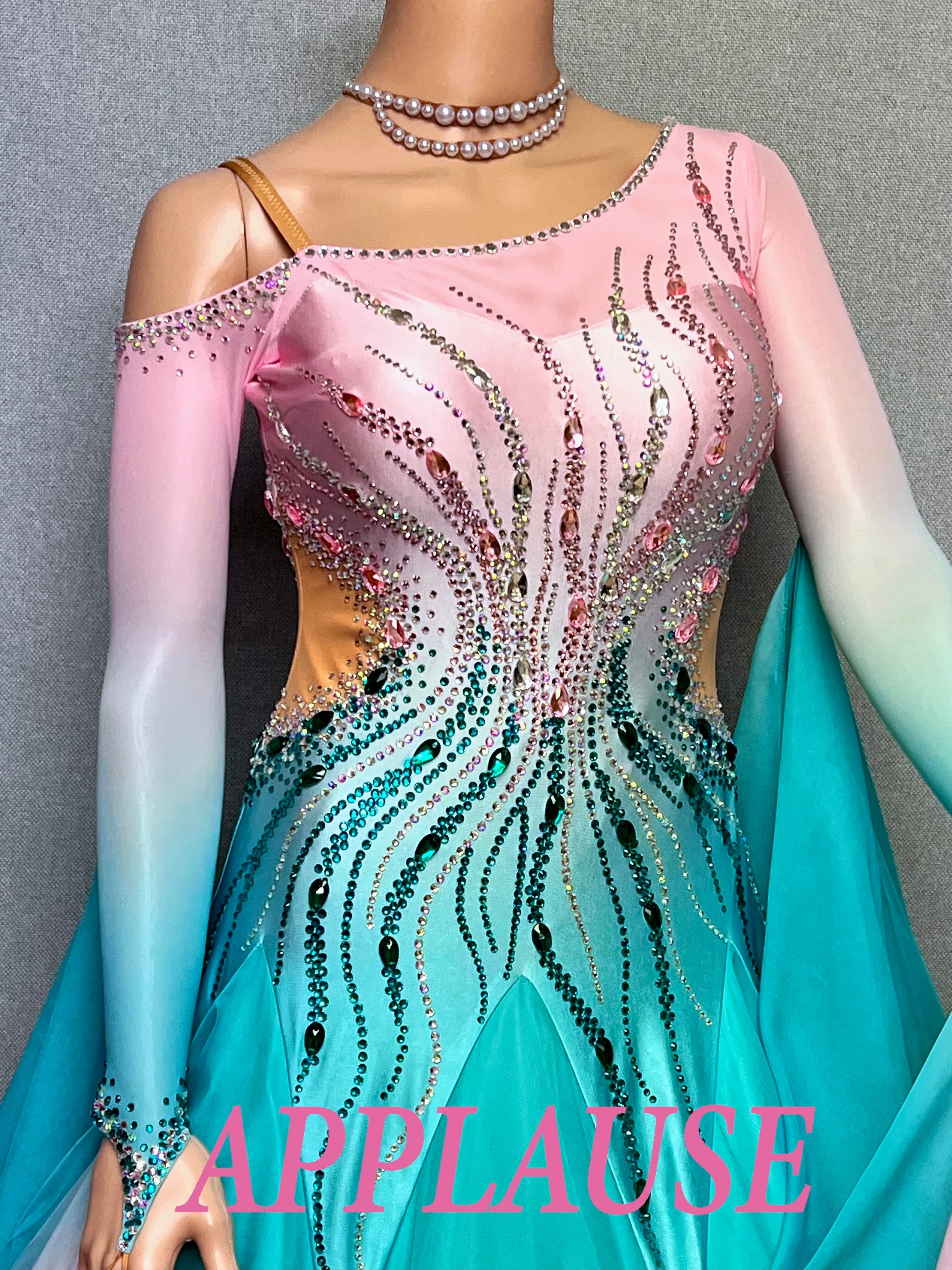 【新着】社交ダンス ドレス　モダン　スタンダード ドレス　　ST-26-6　　ピンク＆グリーン　M　デモ・競技用ドレス　発表会　衣装　パーティドレス　ワンピース　舞台衣装