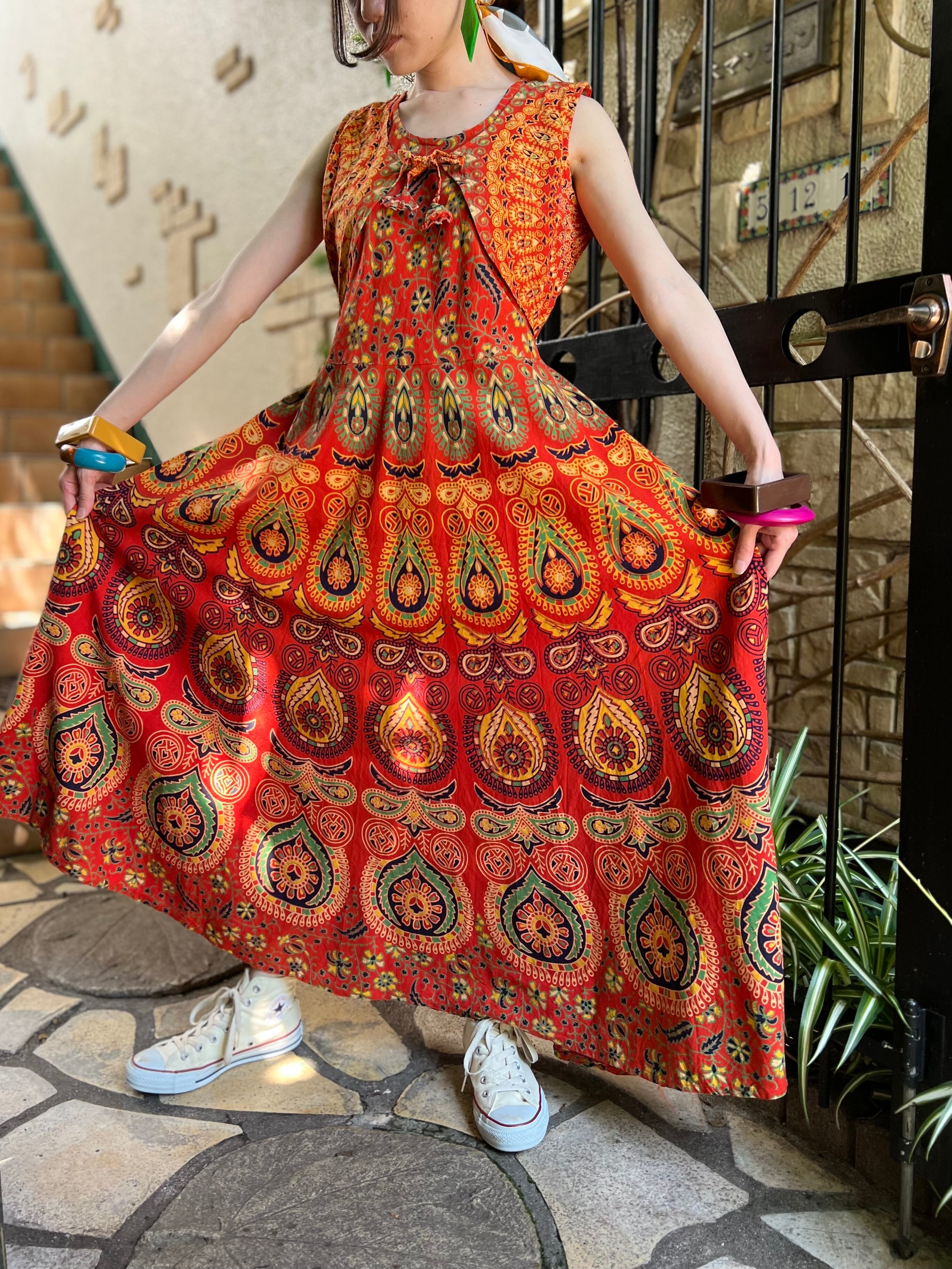 70s Orange Floral Sleevevess Cotton Dress ヴィンテージ オレンジ 花柄 ノースリーブ コットン ワンピース Riyad Vintage Shop