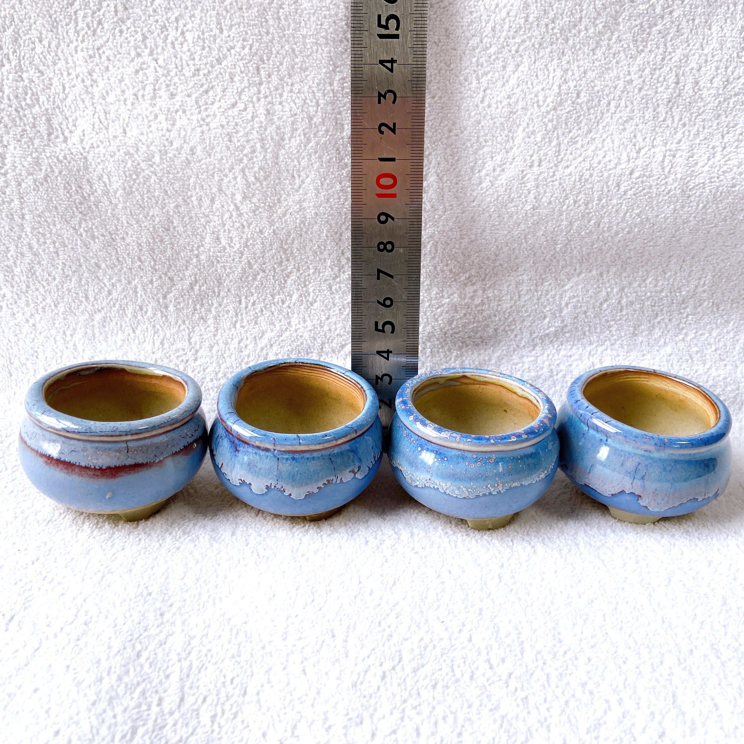 大鉢　未使用　益子陶器市　水盤　手作り　幅３１cm 　作家物　　レア？ 当店1大人気！ 空・海を彷彿させる優しい水色の陶器植木鉢4点セット