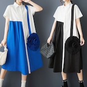 カラーブロック 花モチーフ ワンピース 30198