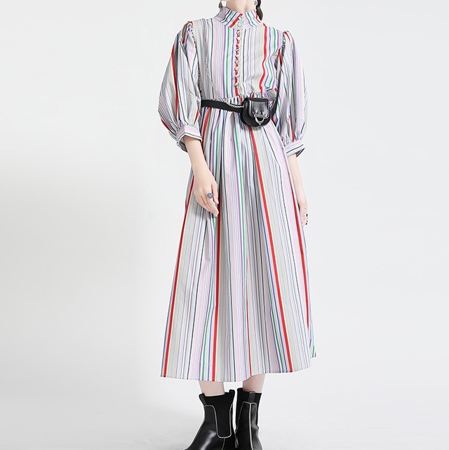 レインボーストライプのレトロワンピース 10268