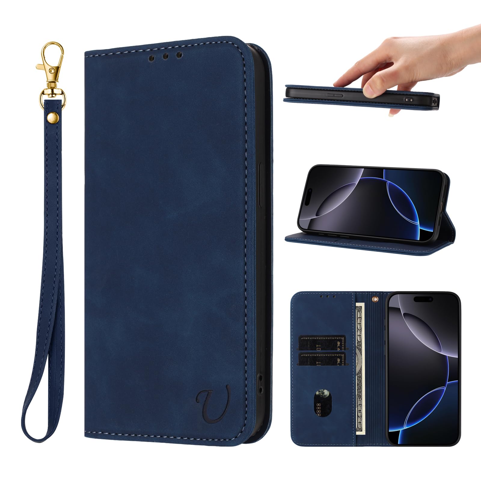Ugazuisi 兼用 iPhone 17 ケース 手帳型 カバー スマホカバー 手帳型 ストラップ付き 肌触り良いレザー スマホケース マグネット内蔵 全面保護 耐衝撃 耐摩擦 スタンド機能 カードケース 財布型 カード入れ (iPhone17対応) ブルー