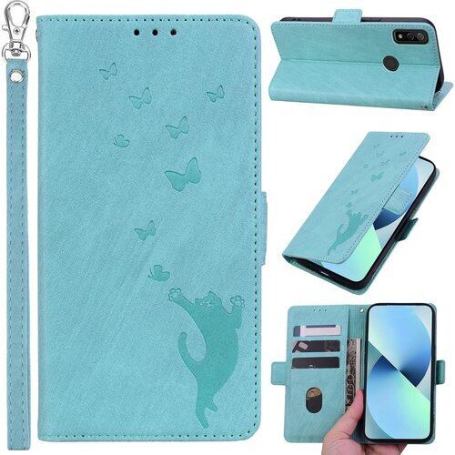 Kitzomi arrows We F-51B 手帳型スマホケース arrows we fcg01 マグネット開閉式スマホケース arrows BZ03 財布ケース 蝶と猫の3Dパターン スタンド キャッシュポーチ リストストラップ プレミアム耐久性PUレザー 強い磁気吸引 リストストラップ 落下防止 arrows We F-51B手帳型ケーススカイブルー 2209